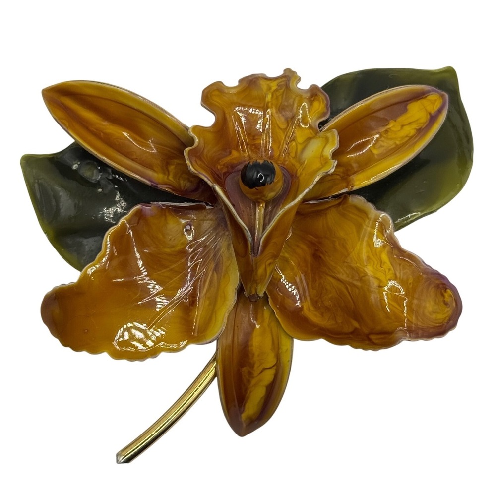 Large Vintage Enamel Orchid Flower Brooch Floral Pin